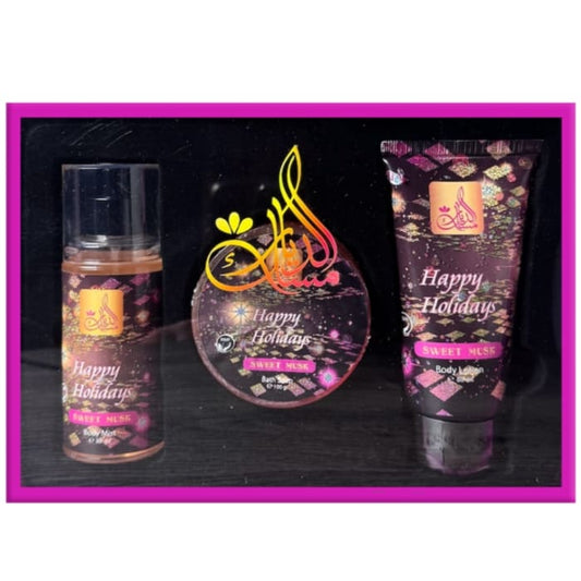 Misk Addiar Happy Holidays Sweet Musk Set For Women Body Mist 88ml + Body Lotion 88ml + Bath Soap 100ml